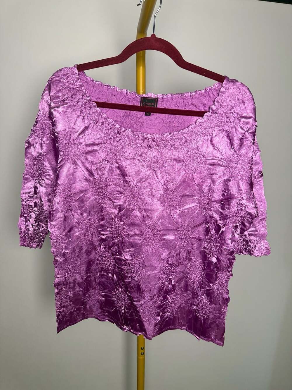 Colour Works Purple Textured Crinkle Scoop Neck 3/4 Sleeve Blouse XL